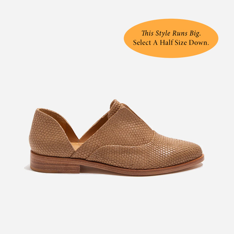 Single tan almond snake-textured leather d'Orsay oxford shoe with a low wood heel and side cutouts.