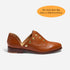 Single tan leather d'Orsay oxford shoe with gold studs and a wood-look heel on a white background.